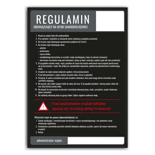 NAKLEJKA Z REGULAMINEM MYJNI BEZDOTYKOWEJ CZARNA